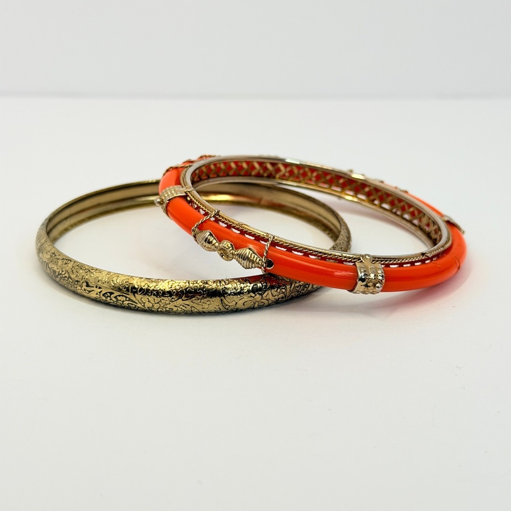 Vintage Orange Gold Bangle Set Filigree Engraved Resin Eclectic 1970s Bracelets